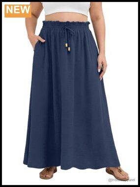 Plus Size Maxi Skirt Elastic Waist A-line Long Skirt with Pockets